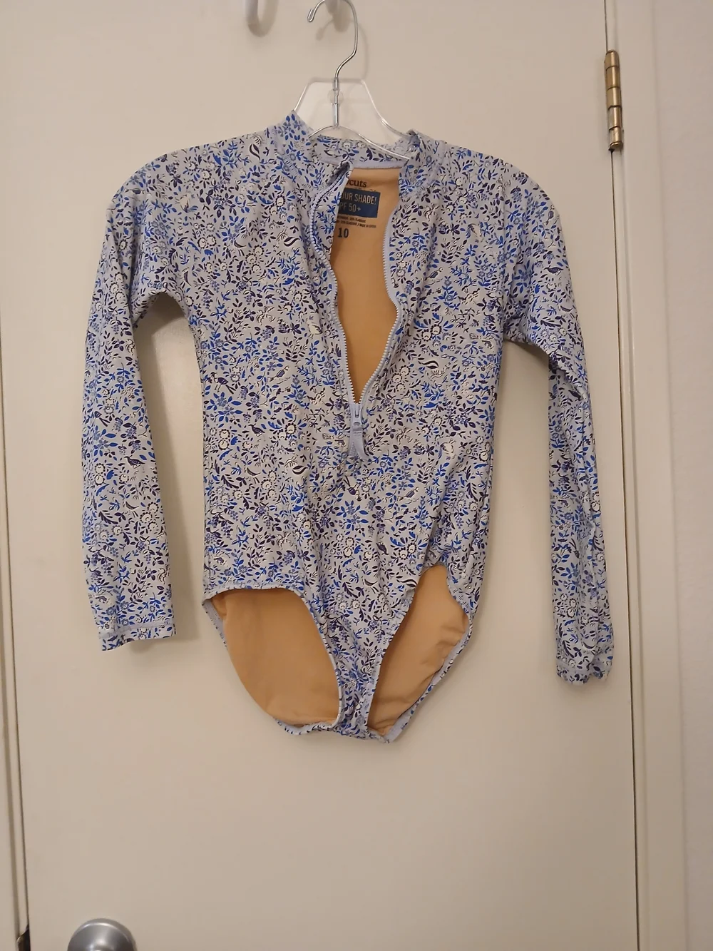 Crewcuts Girls Blue and White Floral Long-Sleeve One-Piece Swimsuit